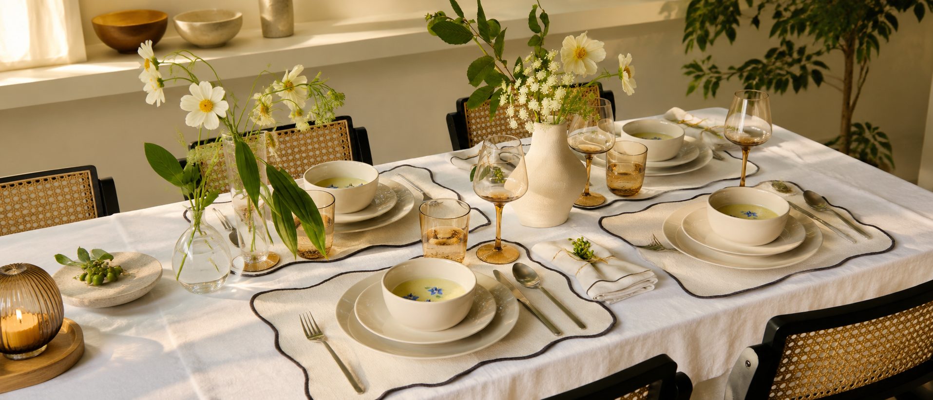 Dining table styled with everyday tableware and glassware